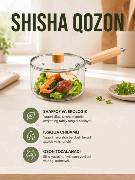 Shaffof shisha kastryulka qopqoqli yog‘och dastali issiqqa chidamli oshxona qozoni - 