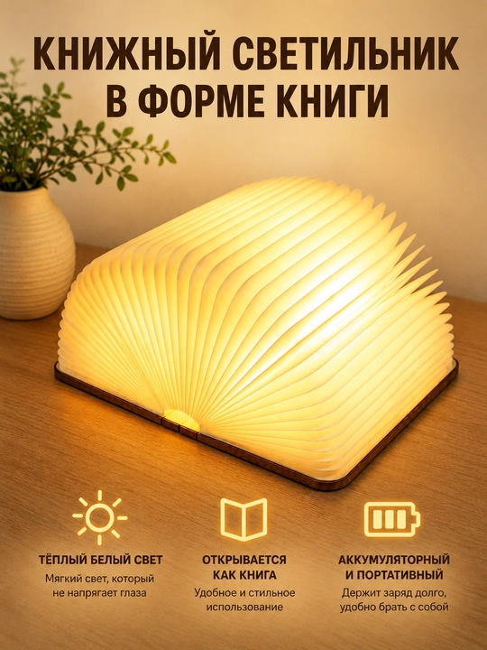 Kitob shaklidagi LED nochnik Book Lamp USB zaryadli buklanadigan dekor chiroq - 