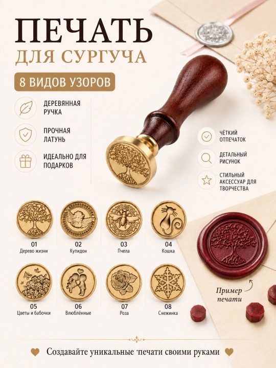 Mum muhrlash shtampi yog‘och tutqichli 8 xil naqsh xatlar sovg‘alar va dekor uchun - 