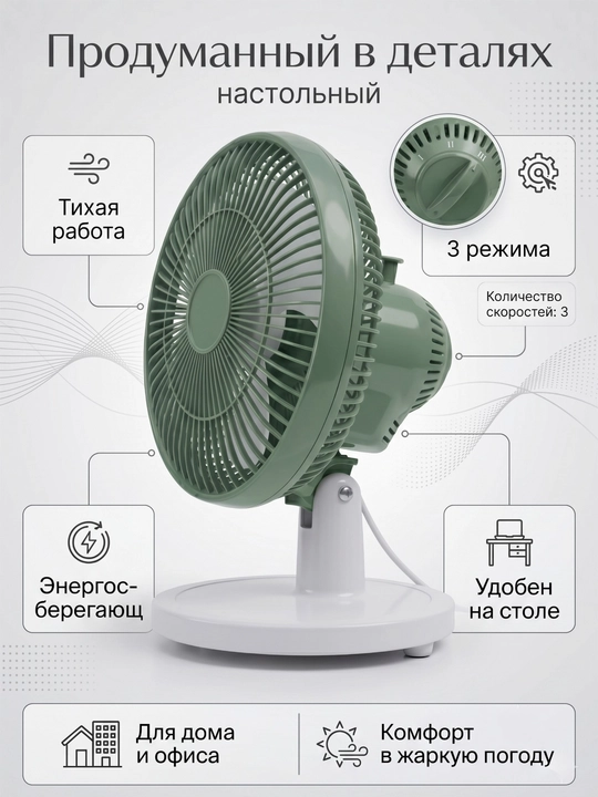 Stol ventilyatori, energiya tejamkor, 3 ta havo rejimli, jim ishlaydigan ventilyator