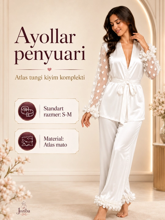 Ayollar penyuari , atlas tungi kiyim komplekti, xalat va shim, S-M