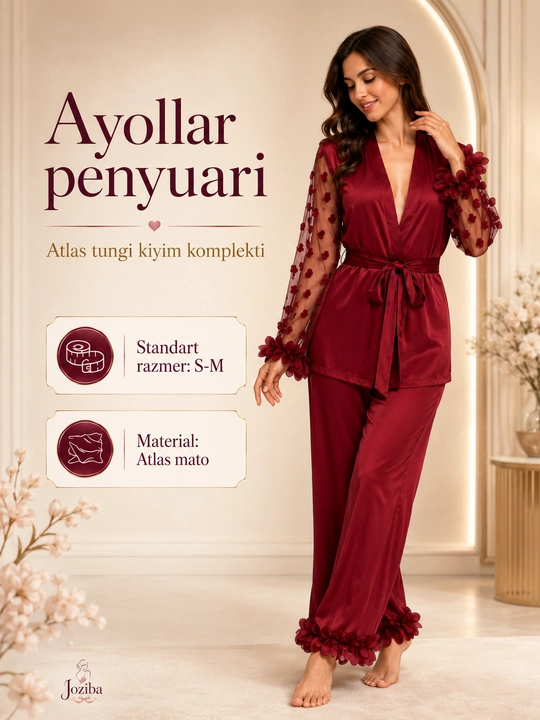 Ayollar penyuari , atlas tungi kiyim komplekti, xalat va shim, S-M