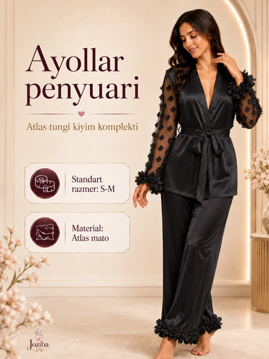 Ayollar penyuari , atlas tungi kiyim komplekti, xalat va shim, S-M - 