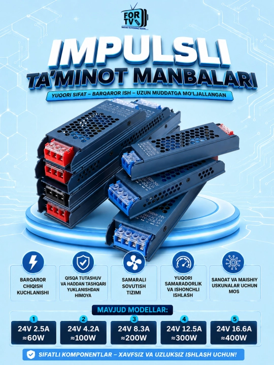 Impulsli SLIM blok pitaniya 24Volt 60 100 200 300 va 400W. Yupqa (ixcham)Ta'mminot manbai