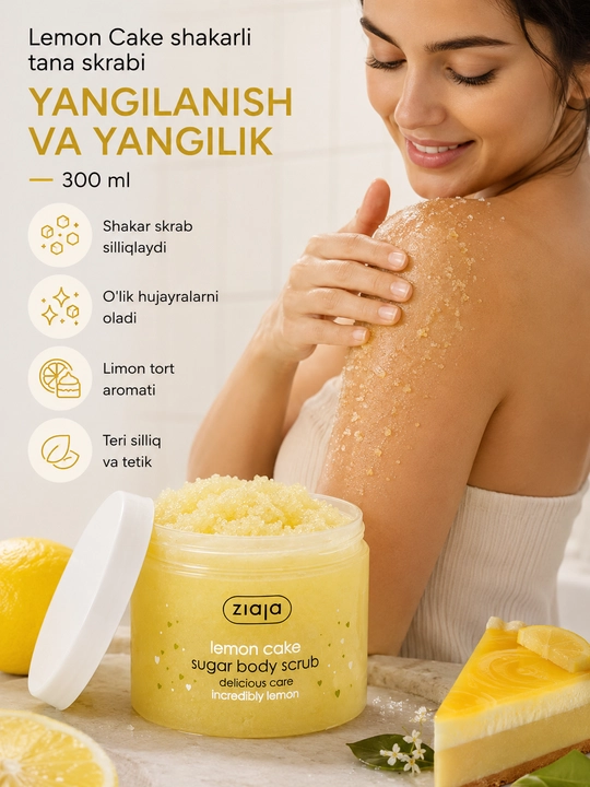 Скраб для тела Ziaja Lemon Cake сахарный, с маслом ши, аромат лимонного торта, 300 мл