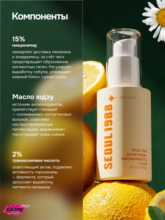 K-SECRET kapsulali tiniqlashtiruvchi zardobi Seoul 1988 Glow Serum: Niacinamide 15% + Yuja