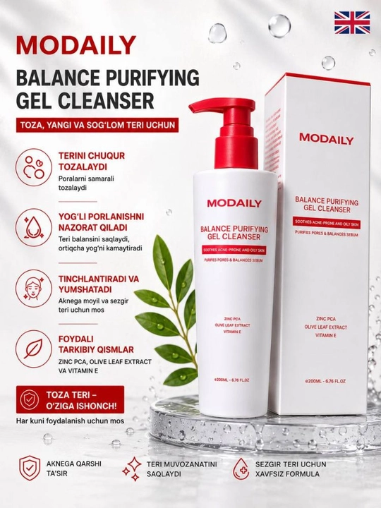 MODAILY balance  yuz yuvish uchun gel, poralarni, makiyajni va qora tochkalarni tozalaydi - 