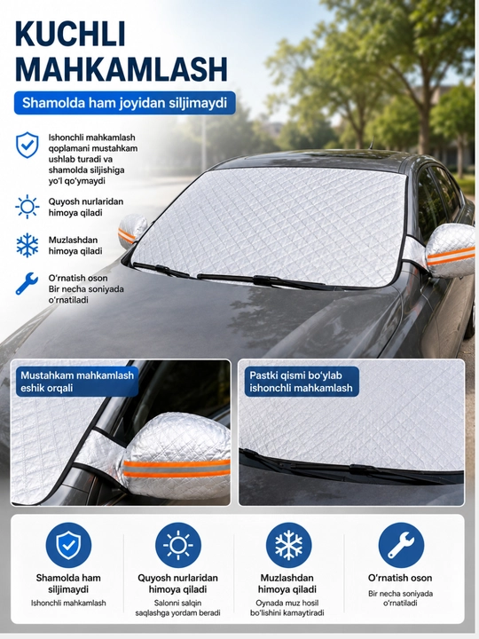 Avtomobil old oynasi uchun universal quyoshdan himoya tenti 150x115 sm - 