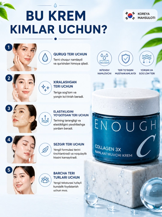 Kollagenli oqartiruvchi, namlantiruvch, ajinlarga qarshi va yoshartiruvchi yuz krem, 50 ml