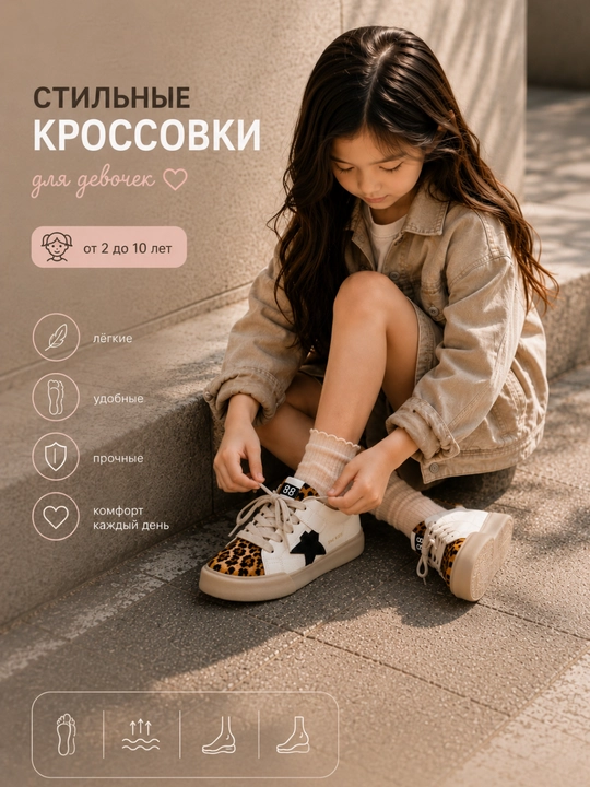 Детские кеды белые с леопардовым принтом и чёрной звездой на шнурках