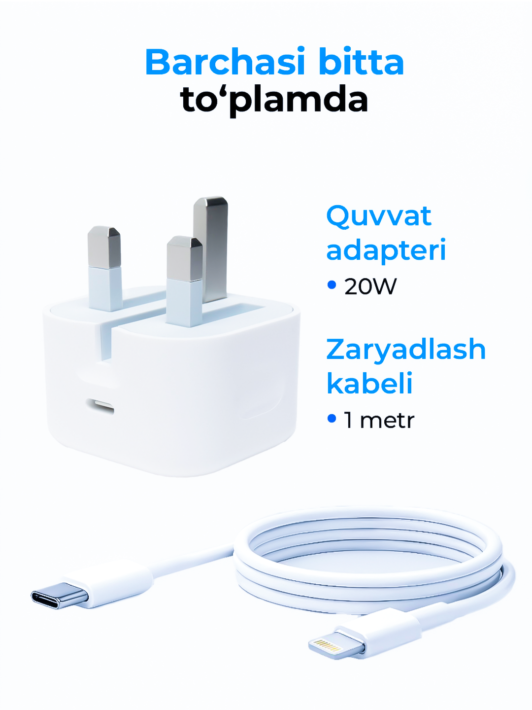 IPhone uchun zaryadchik, zaryadnik tez zaryadlovchi 20 Vt, Type-Cdan Lightning kabel bilan