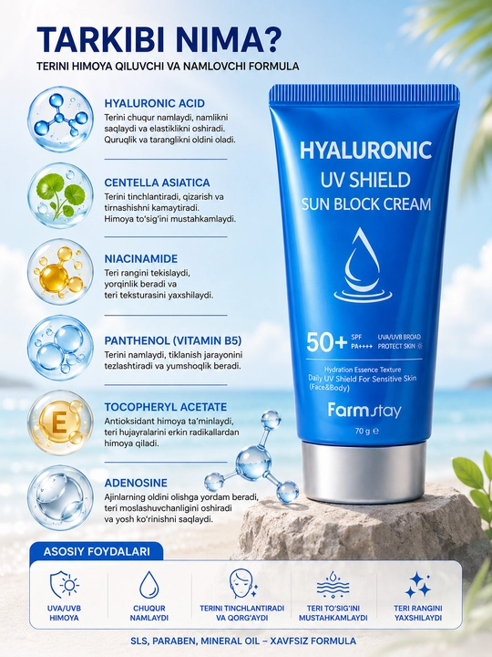 Farmstay Hyaluronic SPF 50+ quyoshdan himoya kremi namlantiruvchi UV shield