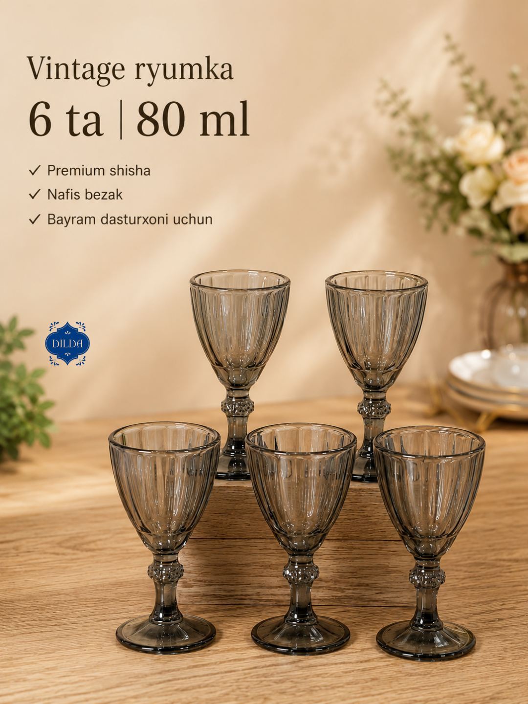 Rangli shisha fujer va stopkalar, ichimliklar uchun sovg‘a to‘plami, 6 dona, uy uchun set