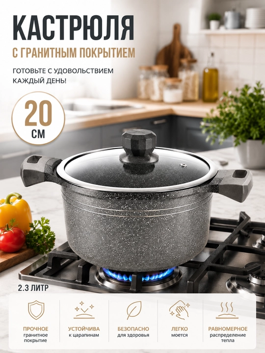 Кастрюля с гранитным покрытием 20 см, 2.3 литра, стеклянная крышка, для индукционных плит - 