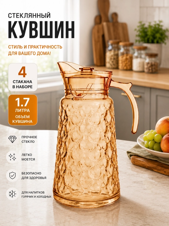 Стеклянный кувшин с крышкой для воды и сока, 1.8 л - 