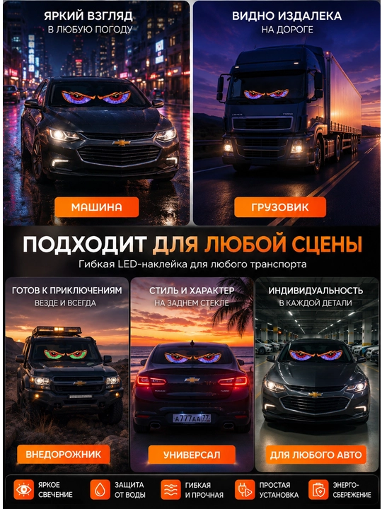 Светодиодная панель Глаза для автомобиля, 11 режимов, Devil Eyes