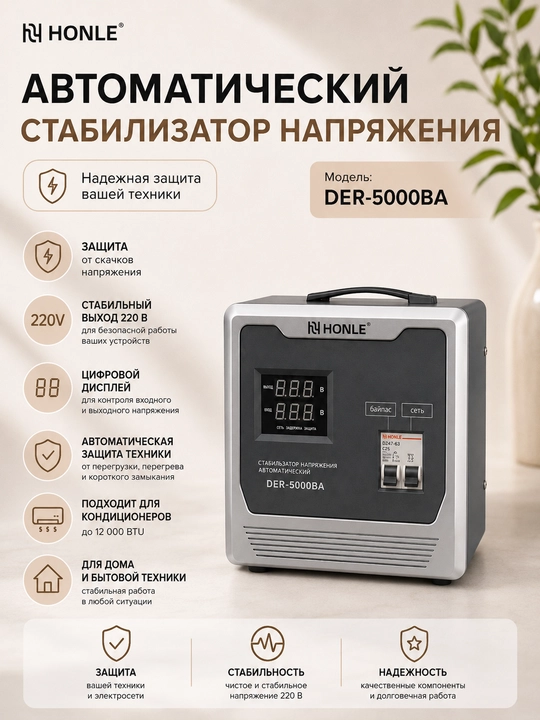 Стабилизатор напряжения HONLE DER-5000BA 5000 ВА, автоматический, 220 В - 
