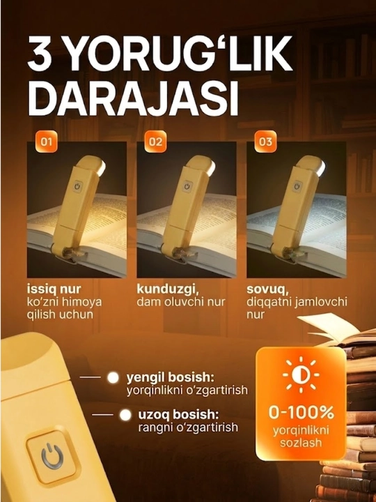 Kitob o'qish chiroqi, simsiz chiroq - USB qayta zaryadlanuvchi