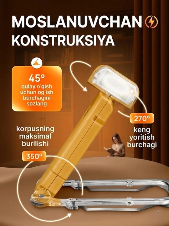 Kitob o'qish chiroqi, simsiz chiroq - USB qayta zaryadlanuvchi