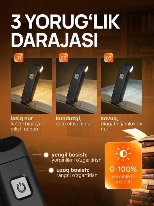 Kitob o'qish chiroqi, simsiz chiroq - USB qayta zaryadlanuvchi