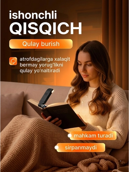 Kitob o'qish chiroqi, simsiz chiroq - USB qayta zaryadlanuvchi