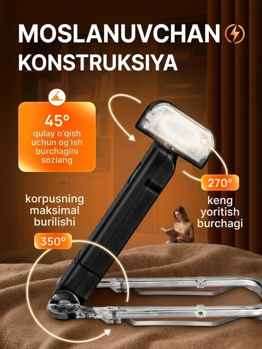 Kitob o'qish chiroqi, simsiz chiroq - USB qayta zaryadlanuvchi