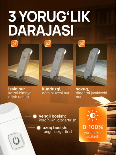 Kitob o'qish chiroqi, simsiz chiroq - USB qayta zaryadlanuvchi