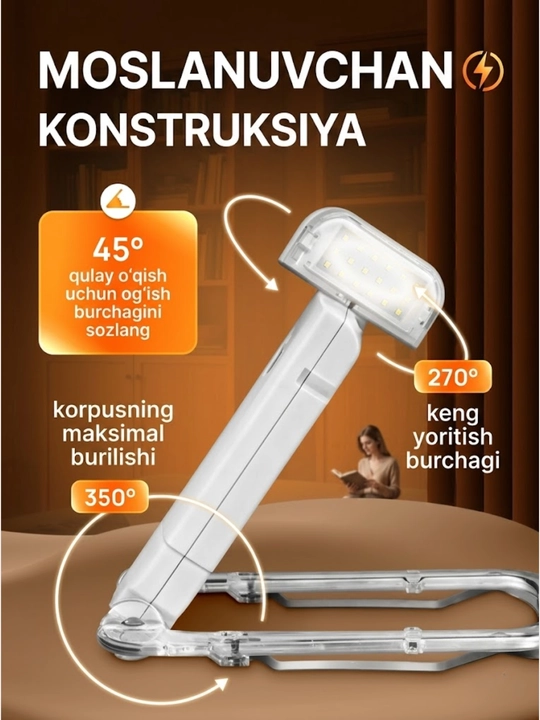 Kitob o'qish chiroqi, simsiz chiroq - USB qayta zaryadlanuvchi