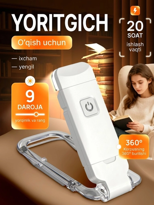 Kitob o'qish chiroqi, simsiz chiroq - USB qayta zaryadlanuvchi - 