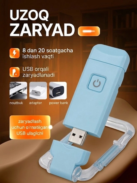 Kitob o'qish chiroqi, simsiz chiroq - USB qayta zaryadlanuvchi