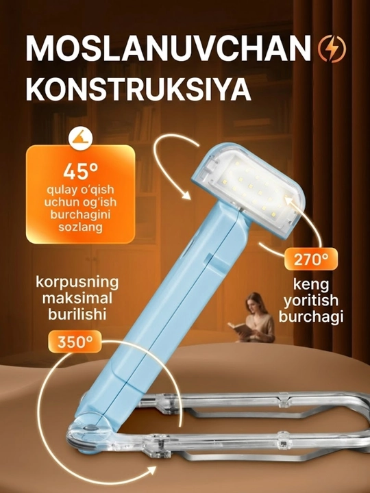 Kitob o'qish chiroqi, simsiz chiroq - USB qayta zaryadlanuvchi