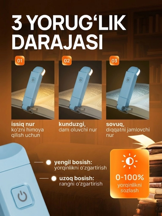 Kitob o'qish chiroqi, simsiz chiroq - USB qayta zaryadlanuvchi