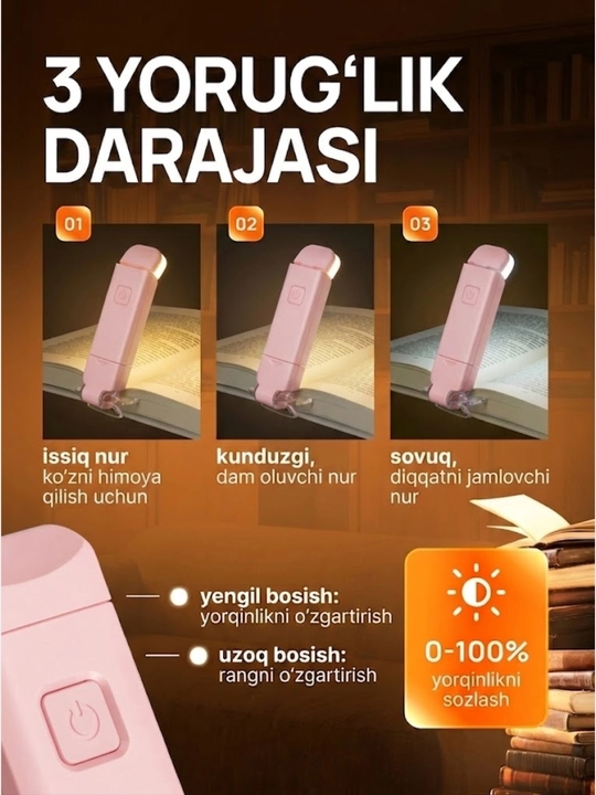 Kitob o'qish chiroqi, simsiz chiroq - USB qayta zaryadlanuvchi