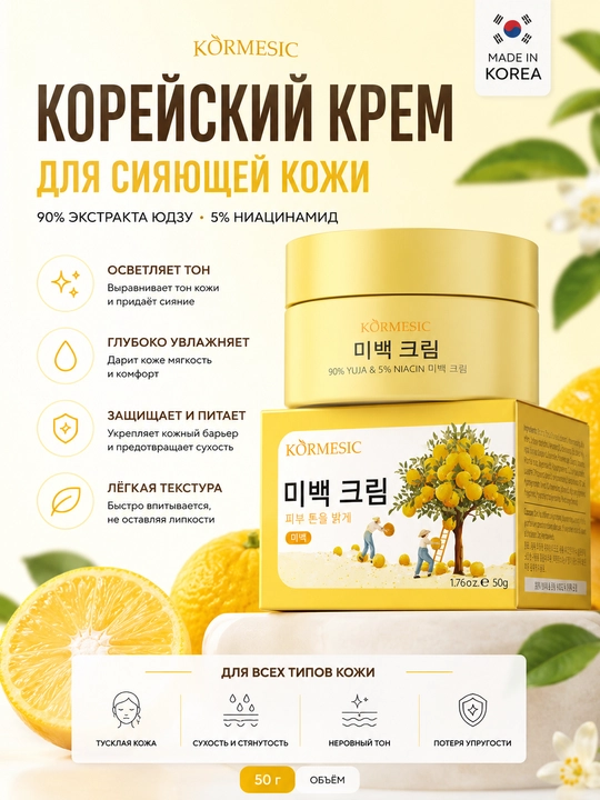 Kormesic корейский крем с юдзу 90% и ниацинамидом: сияние, увлажнение, защита, 50 г - 