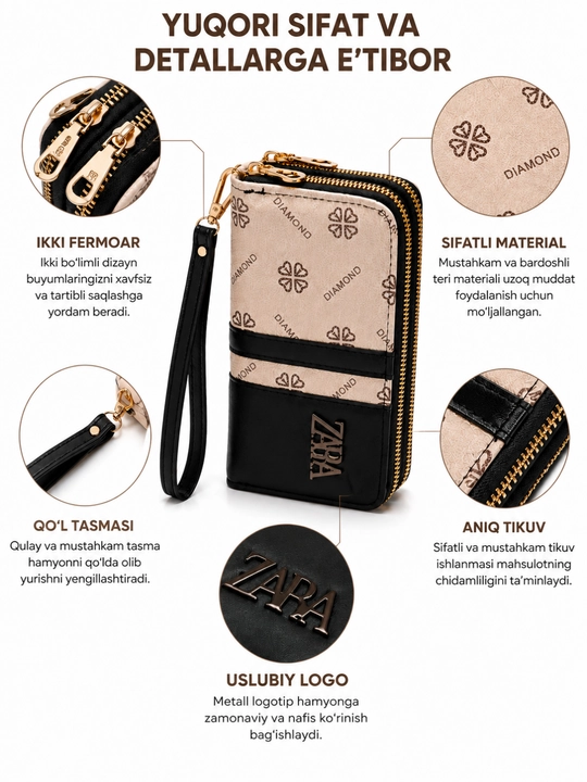 Ayollar hamyoni va portmone — zamonaviy qora clutch, kundalik aksessuar
