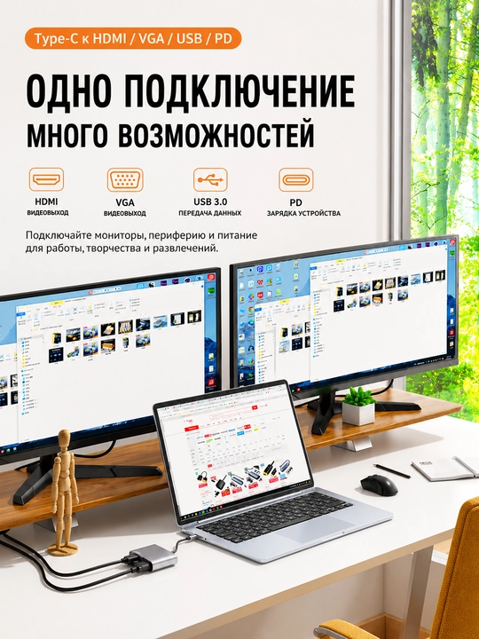 11-in-1 USB-C HUB, ma’lumot uzatish chipi, HDMI, VGA, RJ45, SD/TF, PD