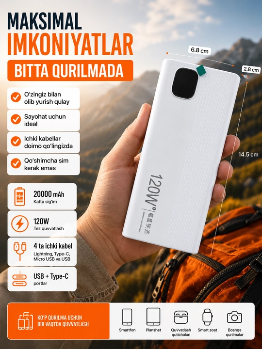 Power Bank 20000 mAh 120W tez ulash, 4 ta ichki kabel, USB turi - 