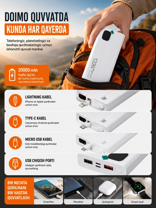 Power Bank 20000 mAh 120W tez ulash, 4 ta ichki kabel, USB turi