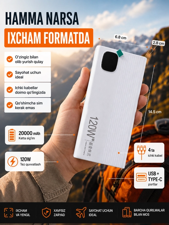 Power Bank 20000 mAh 120W tez ulash, 4 ta ichki kabel, USB turi