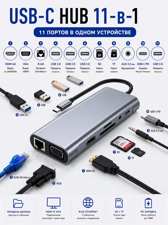 11-in-1 USB-C HUB, ma’lumot uzatish chipi, HDMI, VGA, RJ45, SD/TF, PD