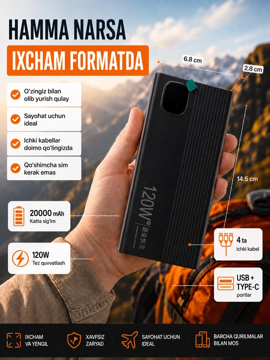 Power Bank 20000 mAh 120W tez ulash, 4 ta ichki kabel, USB turi - 