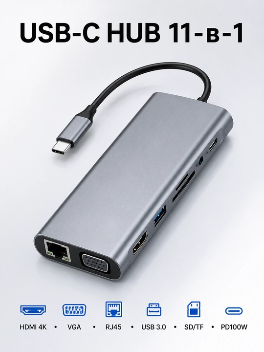 11-in-1 USB-C HUB, ma’lumot uzatish chipi, HDMI, VGA, RJ45, SD/TF, PD