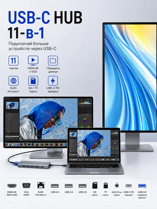 11-in-1 USB-C HUB, ma’lumot uzatish chipi, HDMI, VGA, RJ45, SD/TF, PD