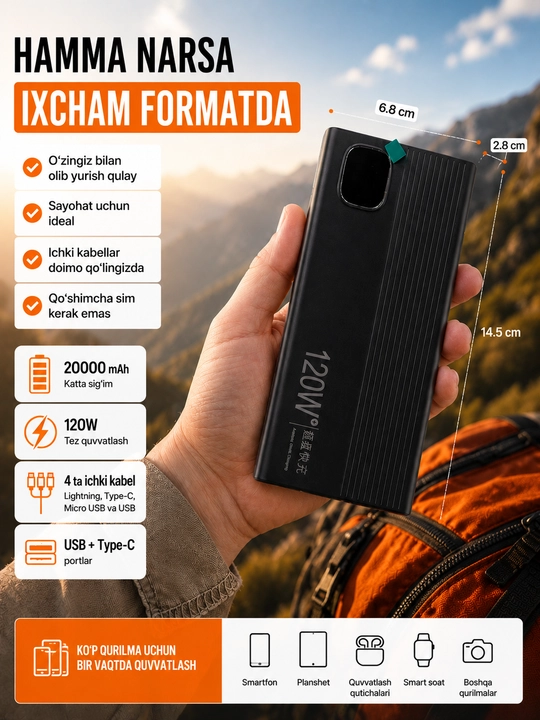 Power Bank 20000 mAh 120W tez ulash, 4 ta ichki kabel, USB turi