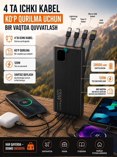 Power Bank 20000 mAh 120W tez ulash, 4 ta ichki kabel, USB turi