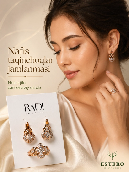 RADI Jewelry комплект кольцо и серьги с цирконом розовое золото форма 4 лепестка 