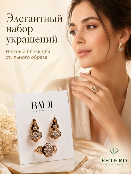 RADI Jewelry комплект кольцо и серьги с цирконом розовое золото форма 4 лепестка 