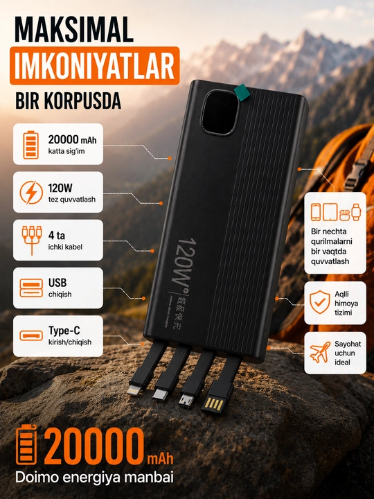 Power Bank 20000 mAh 120W tez ulash, 4 ta ichki kabel, USB turi