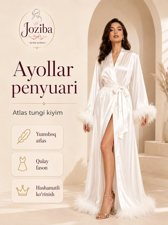 Ayollar uchun uzun atlas xalat , yenglari patli nafis penyuar, belbog‘li tungi kiyim