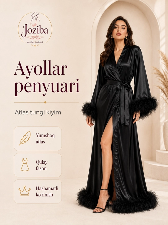 Ayollar uchun uzun atlas xalat , yenglari patli nafis penyuar, belbog‘li tungi kiyim